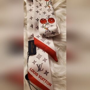 Silk Twilly, Hairtie, Scarf, White and Red Cherry Design